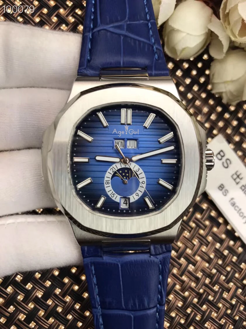 

Luxury Brand New Automatic Mechanical Men Watch Sapphire DayDate Transparent Glass MoonPhase Watches Black Blue Leather White