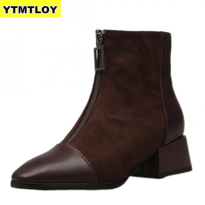 

Faux Suede Ankle Boots Women Chunky Heeled Plush Shoe Woman Chic Shoes Lady Brown Chocolate Boot Zapatos De Mujer Zip