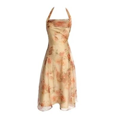 Women Midi Floral Halter Slip Dress Summer 2021 Vintage Painting Flowers Backless Casual Party Night Vacation Runway Vestidos Floral