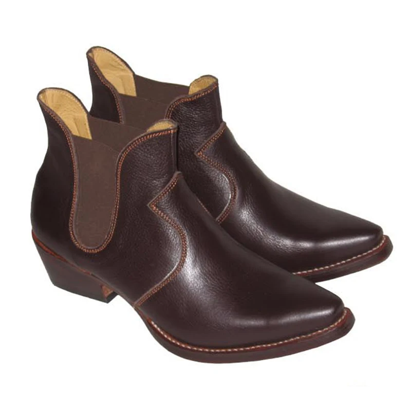 

100% Cow Genuine Leather Boots Men Pointed Toe Slip on 3.5cm High Heels Western Cowboy Men Boots Ankle Punk Rock Botas Militares