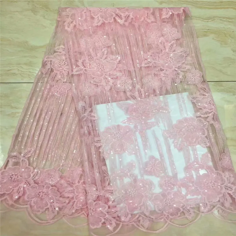 

Pink high quality French Nigerian sequins beaded lace,African tulle mesh sequence lace fabric for party dress 5yards/lot