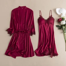 Красный женский летний ночной халат сексуальный 2 шт ремень Топ Костюм пижамы наборы повседневные пижамы Домашняя ночная рубашка халат для сна банное платье
