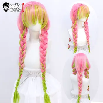 

HSIU Kanroji Mitsuri Anime Cosplay Wig Demon Slayer: Kimetsu no Yaiba Costumes Halloween Long Pink Green Braids Synthetic Hair.