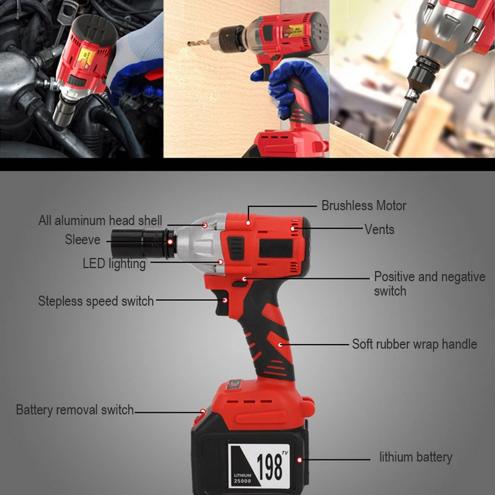850 Вт зарядный гаечный ключ из алюминиевого сплава ударная Паровая полка для ремонта 3300об/мин Мощный втулка ветропистолет бесщеточный Электрический гаечный ключ