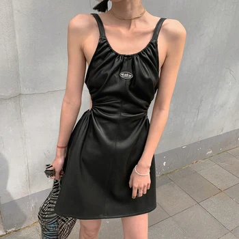 

Summer Dark Sexy Women Design Backless PU Leather Dress Camisole Hollow A- Shape Dress Woman Party Night Vestidos Verano 2020