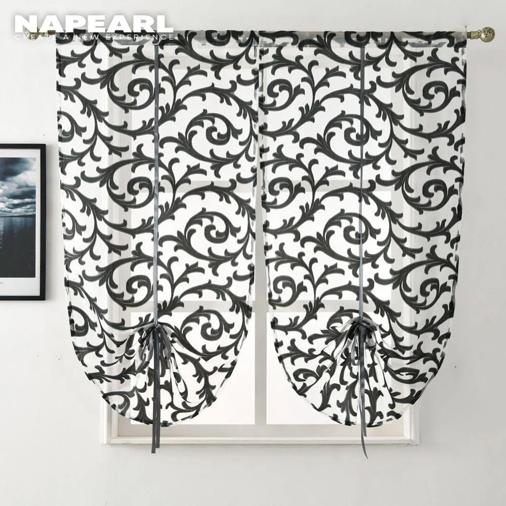 Kitchen Curtain Window Treatment Tie up Balloon Home Textile Sheer Panel Tulle Jacquard sheer curtains window curtains decor curtains light filtering curtains