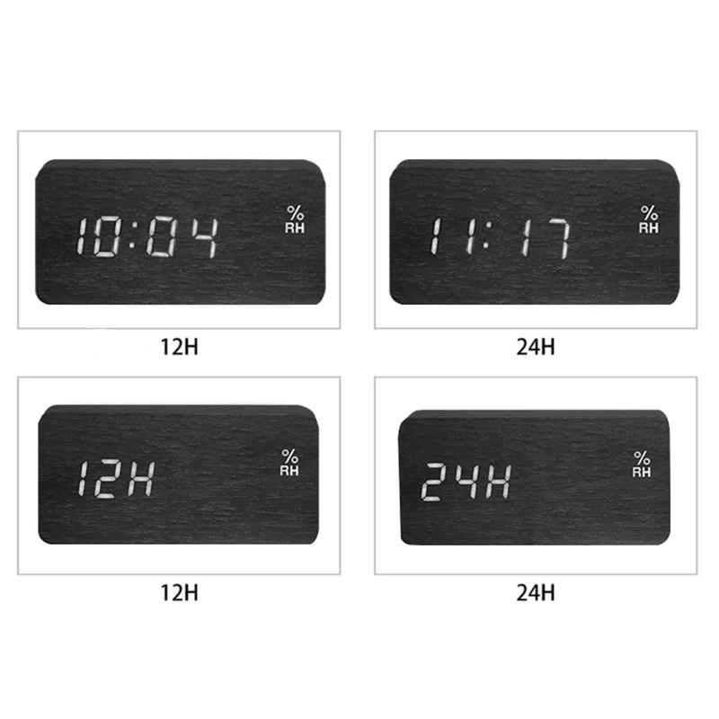 Modern Led Alarm Clock Temperature Humidity Electronic Desktop Digital Table Clocks,Black+ white subtitles