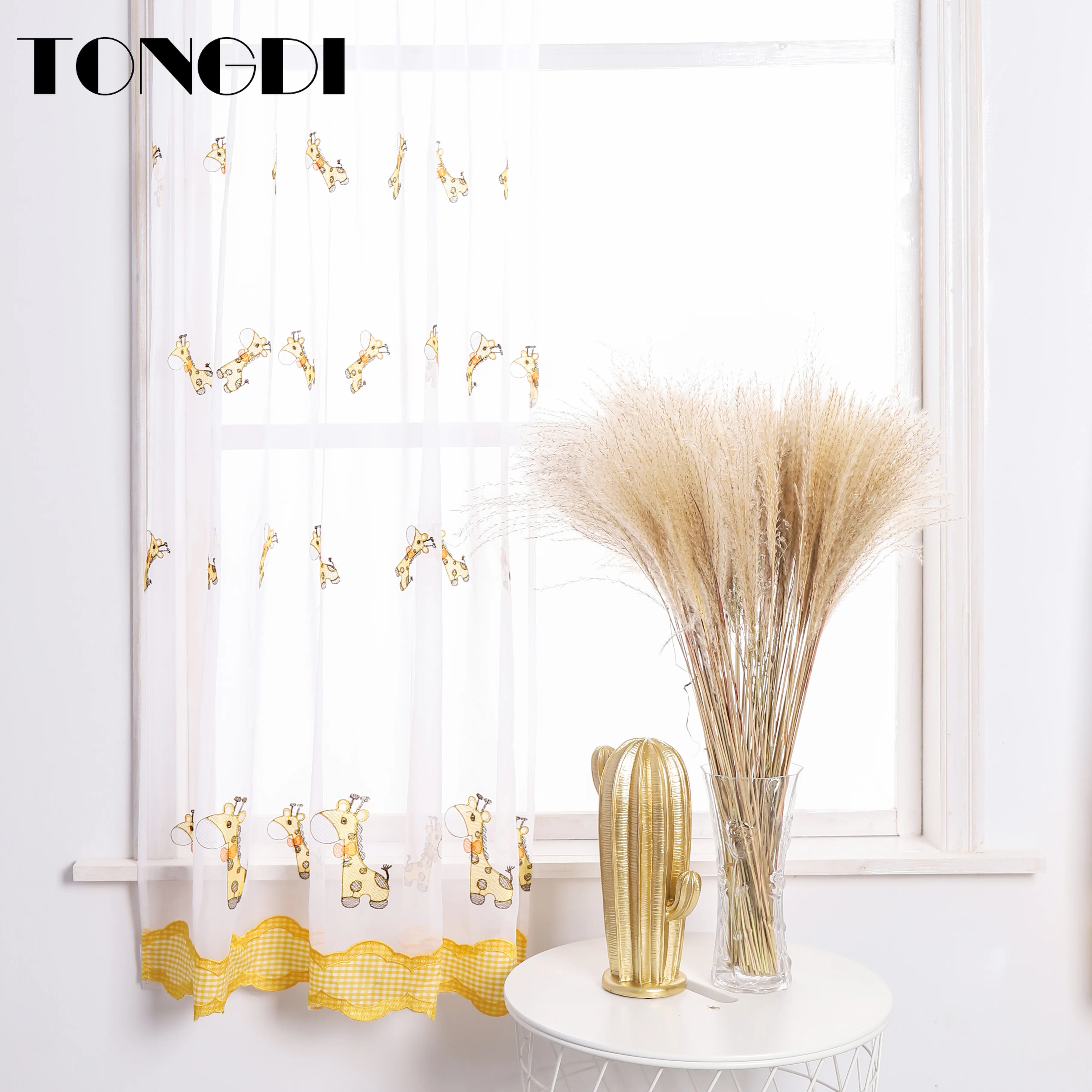 

TONGDI Home Kitchen Curtain Cartoon Short Tiers Cafe Embroidery Tulle Small Valance Decoration For Window Kitchen Dining Room
