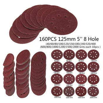 

160Pc 125mm 5 Hooks Loop Sanding Discs 8 Hole 40-2000 Grit Orbital Sander Pad