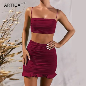 Articat Women Sexy Bodycon 2 Piece Dress Set Ruffles Spaghetti Strap Crop Top Summer Mini