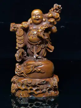

Chinese Boxwood Seikos Wood Carving Maitreya Mahabosa statue Pot-bellied Maitreya, Heavenly Crown Maitreya Bodhisattva statue
