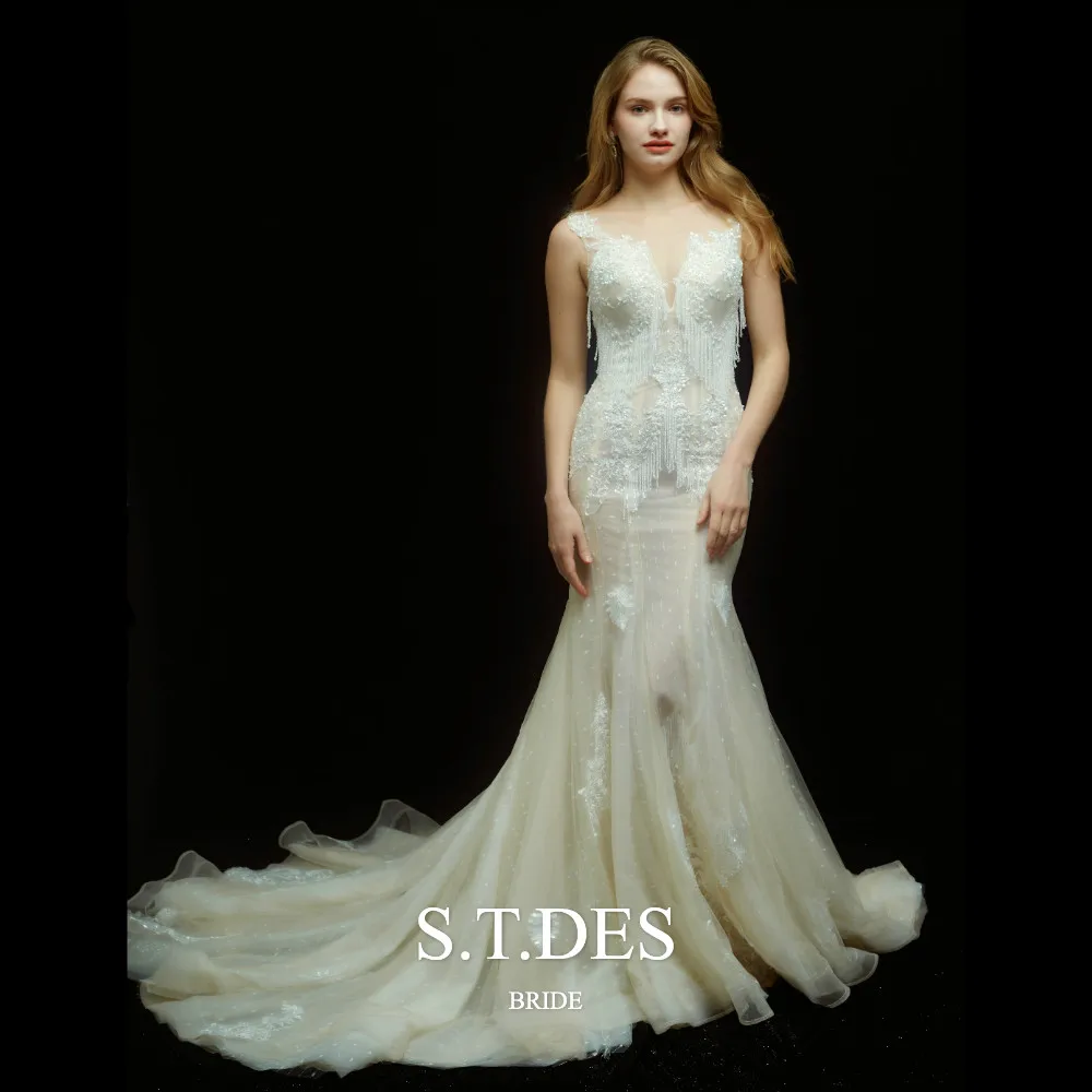 

2020 S.D.TES Gorgeous Ivory Jewel Sheer Neck Beaded Sequins Embroidery Lace Tassel Beads Sweep Train Mermaid Wedding Dress