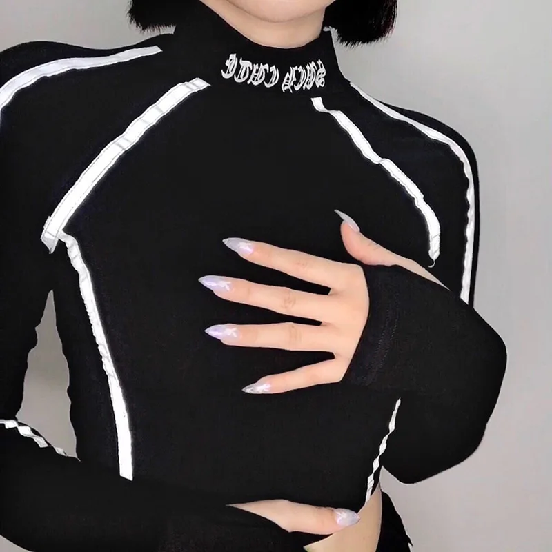 Fitshinling Goth темная отражающая Женская Футболка Harajuku осенний укороченный топ с надписью водолазка тонкая гранж черная футболка женская