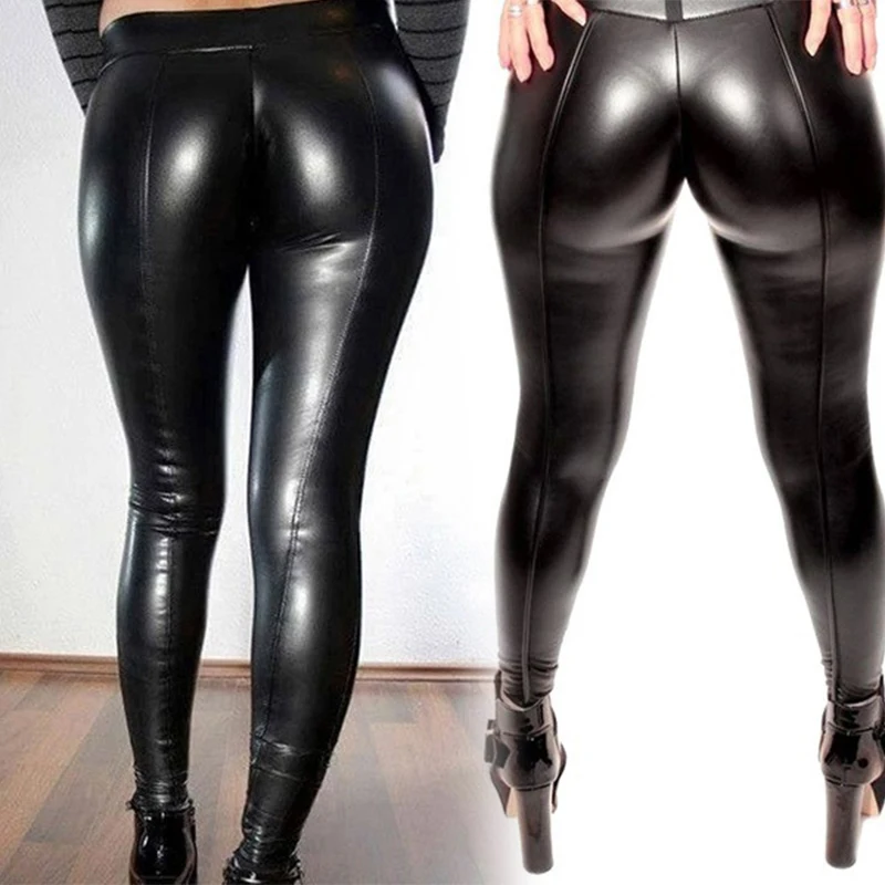 

Women Pu Leather Pants Bottom Hip-up Slim Pants Faux Leather Tights Pants Black Bodycon Stretchable Pantalones