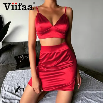 

Viifaa Crop Top and Split Skirt Satin Two Piece Set Summer Clothes for Women Sexy Club Outfits Solid Skinny Matching Sets