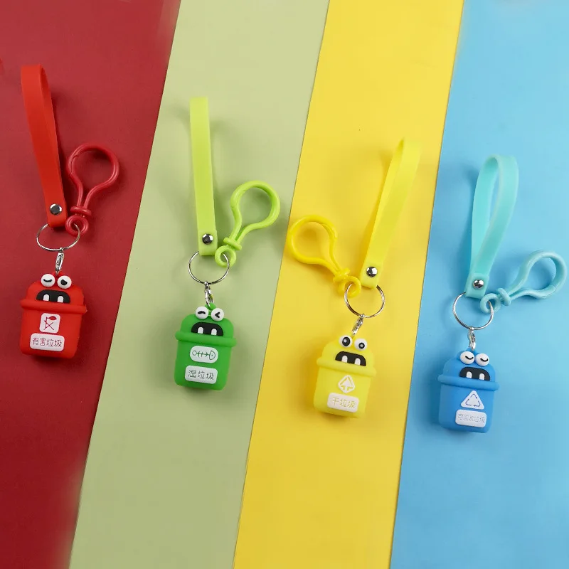 

New Fashion Dustbin Key chain Epoxy Key Ring Mini Creative Green Four-color Garbage Classification Key Chains For Men And Women