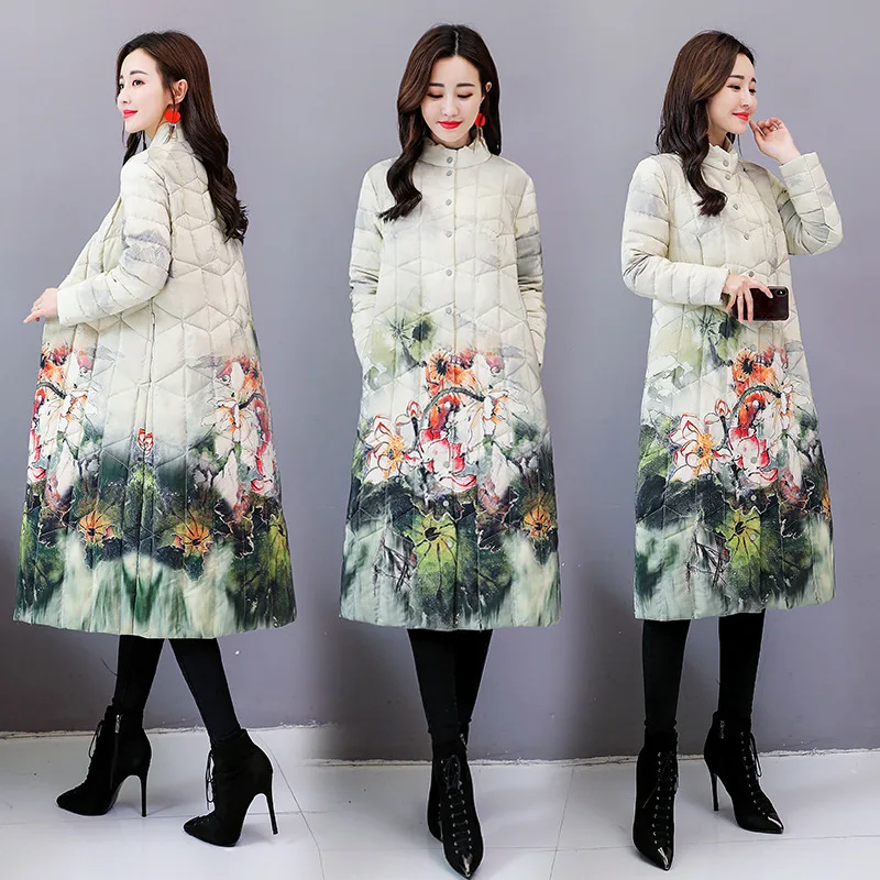 

Debutante-Style Elegant Ink Printed Mid-length Cotton-padded Clothes 2018 Winter New Products Slim Fit Slimming Stand Collar Lon