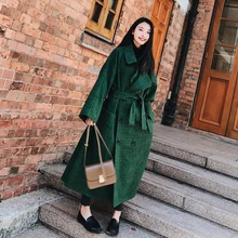 Клетчатое Зеленое Длинное лацкан шерстяного пальто двубортное повседневное теплое свободное зима осень шерсть смешанная Верхняя одежда Большие размеры для женщин