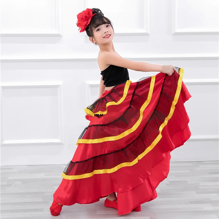 Роскошная атласная юбка для испанского фламенко золотистого цвета с оборками для девочек-подростков; костюмы для бальных танцев живота; Длинная юбка - Цвет: Color2 90-110cm