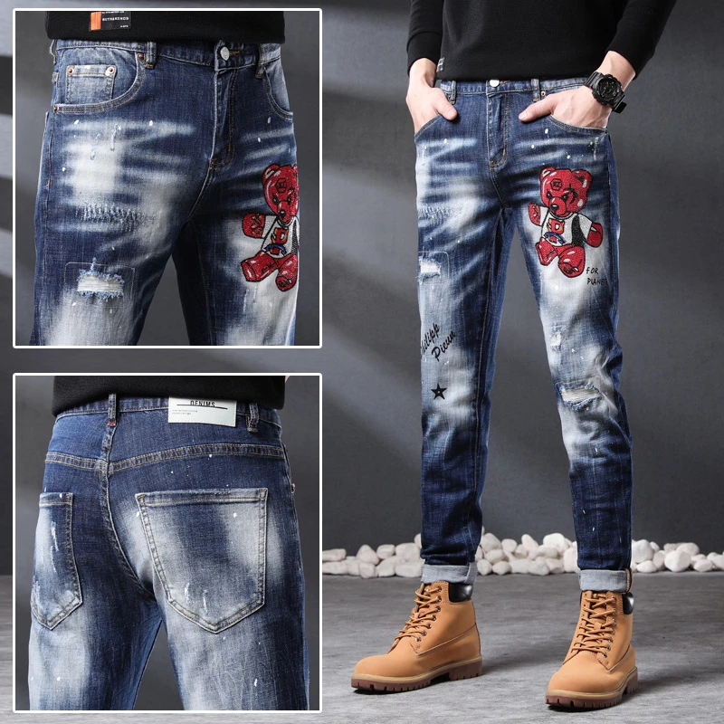 EH·MD® Embroidered Bear Jeans Men Bleach Stripe Design Splash Ink Scratch Hole Art Lettering Trim Pants Red Ear Four Seasons 022