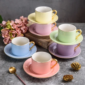 

ARTVIGOR 6-Piece Straight Shaped Porcelain Tea Coffee Cups and Saucers Sets 220cc Drinkware with Durable Gold Plated Rims&Handle