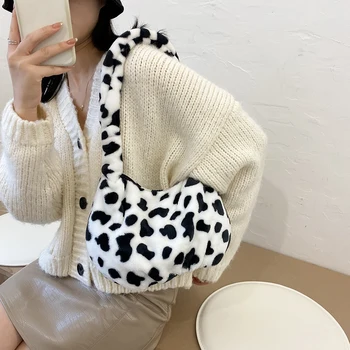 

2020 New Winter Women Cloud Bag Cow Print Shoulder Bags Soft Plush Dumpling Bags Pleated Warm Fur Tote Bag sac a main femme