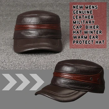 

New Mens Genuine Leather Military Cap Bboy Biker Hat Winter Warm Ear Protect Hat Snapback Hat Casquette Gorras Para Hombre Caps