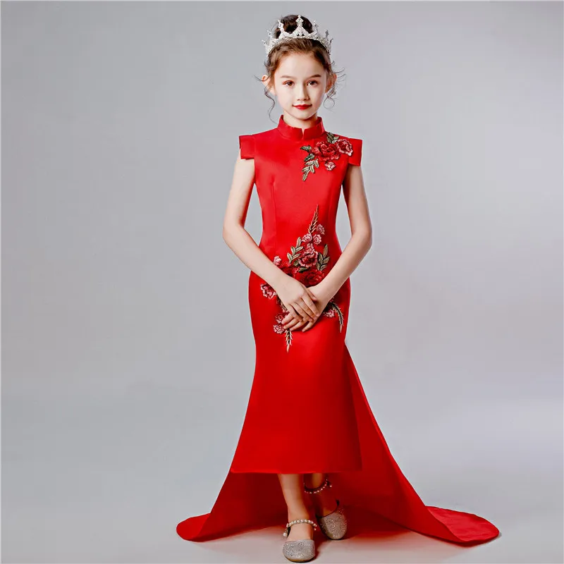 Girls Chinese Cheongsam Tutu Dress – Retro Peacock Embroidery, Size 3-10T Red - View #12