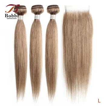 

Bobbi Collection 2/3 Bundles with Lace Closure Color 8 Ash Blonde Indian Straight Hair Weave Bundles Non-Remy Human Hair