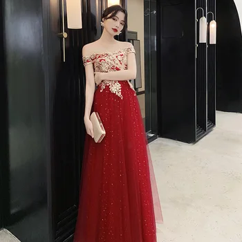

Female Slash Neck Burgundy Cheongsam Qipao Elegant Flower Chinese Mesh Bride Wedding Dress Classic Sequins Vestidos De Festa