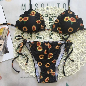 

USHINE New Fashion Luxury Swimsuit Sexy Sunflower Print Bathing Suit Women Split Bikini Push Up Bra Swimsuit Vikinis Para Mujer