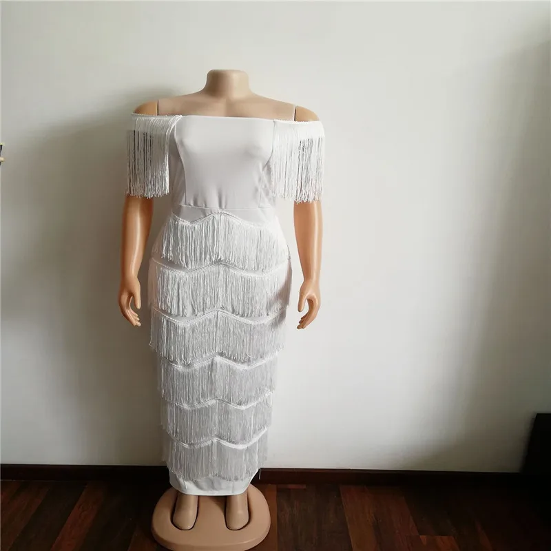 African Women Dress Dashiki Slash Neck White Bandage Long Maxi Dress Tassel Bodycon Elegant Robe Party African Clothing