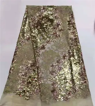 

2019 Upscale French Net Gold Sequins Lace Fabric, High Quality African Tulle Lace Fabric Nigerian Sequins Weddin