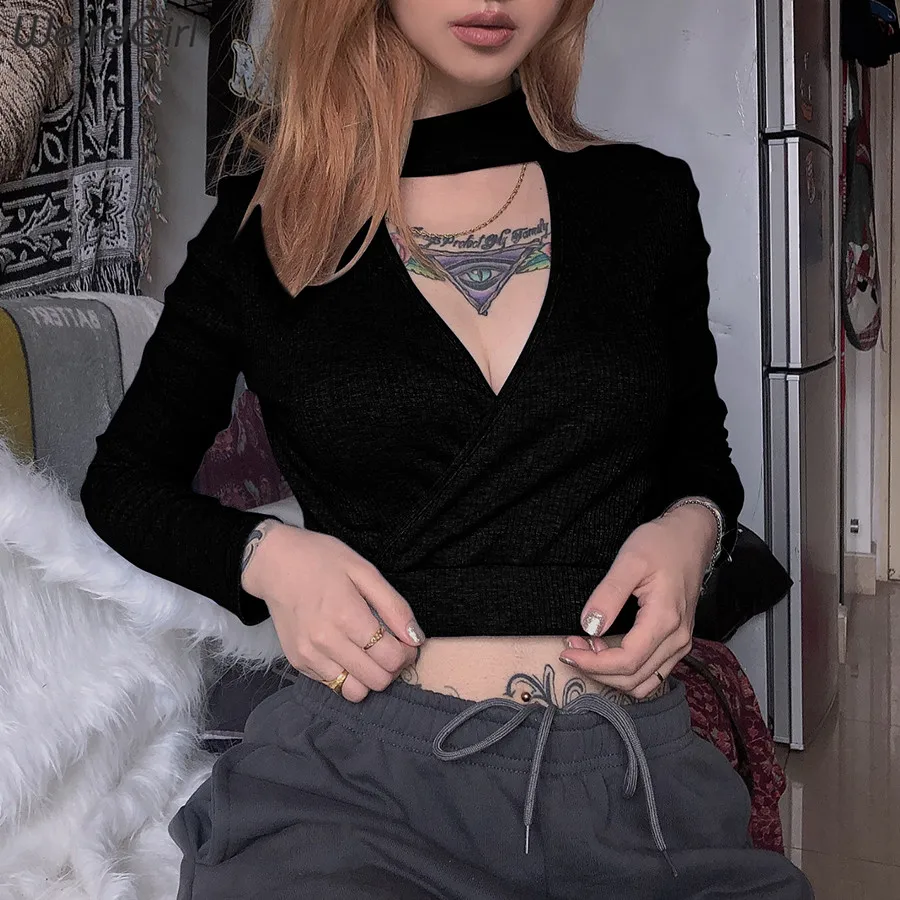 Weirdgirl толстовки Осенние женские длинные рукава v-образные свитшоты Harajuku твердый короткий модный топ тонкие эластичные броские пуловеры