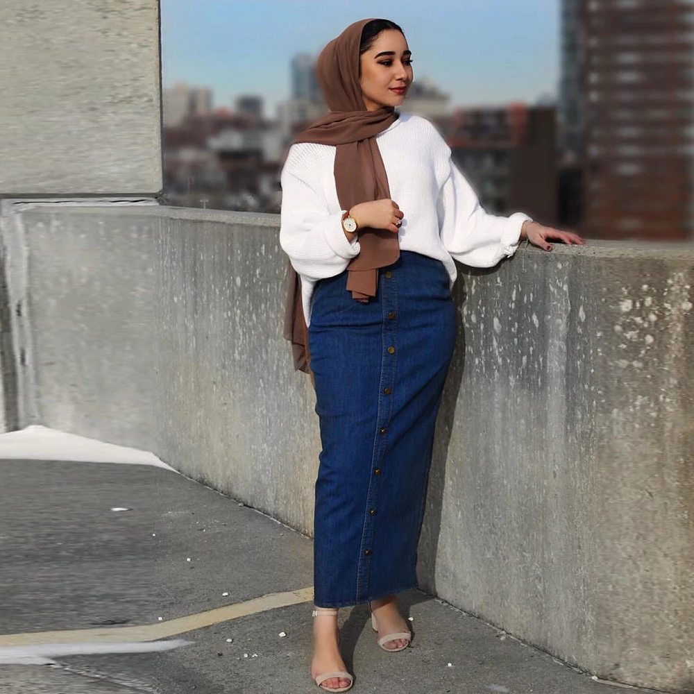 

Muslim High Waist Button Denim Skirt Long Islamic Skirts Women Bottom Jeans Jupe Musulmane Femme Abaya Turkey Arabic Skirts