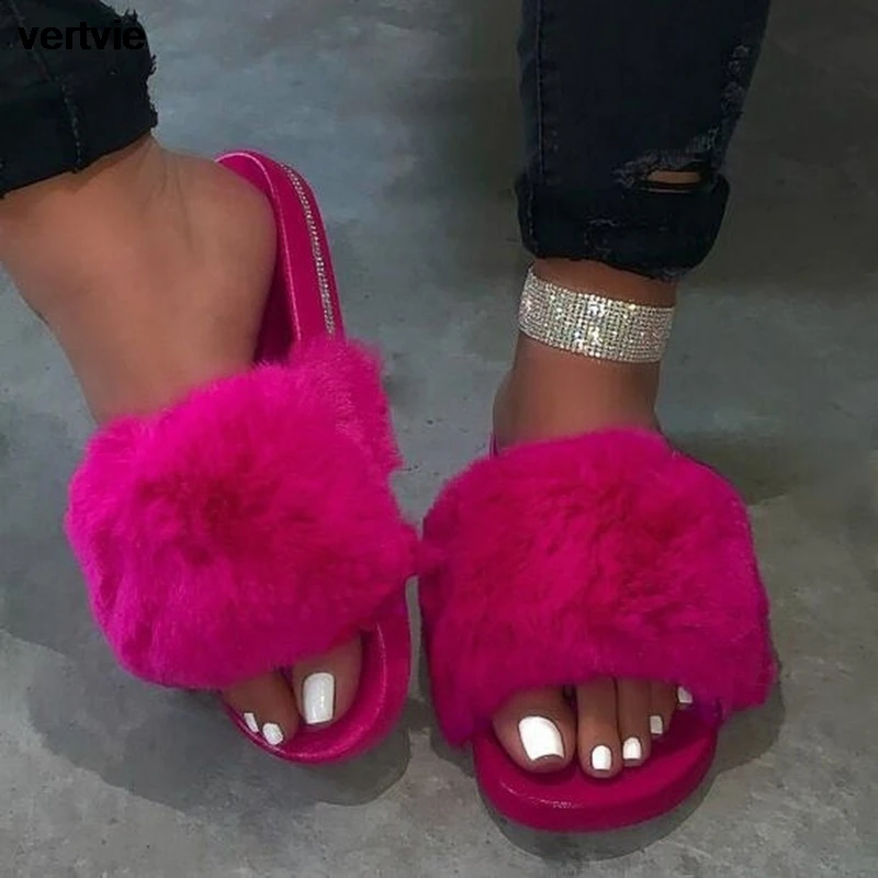 vertvie Winter Home Shoes Women House Slippers Warm Faux Fur Ladies Cross Soft Plush Furry Female Open Toe Slides Fashion Shoes
