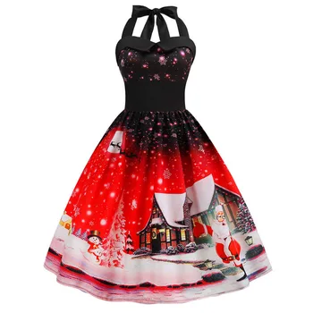 

New Women's Summer Dress Women Sexy Christmas Dress Women Vintage Elegant Party Dress Sleeveless Christmas Print Winter Dress