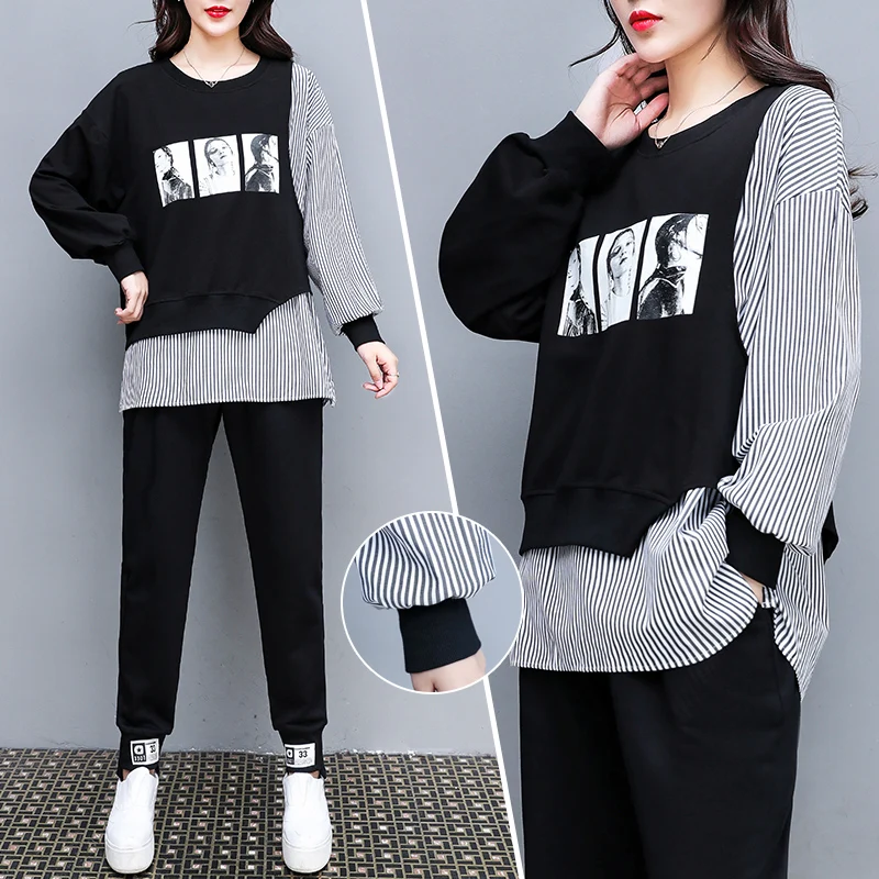 Women's sports suit Large Plus Size tracksuit T Shirt+pants two piece set Top And Pant clothes Matching Set Fashion Print Set
