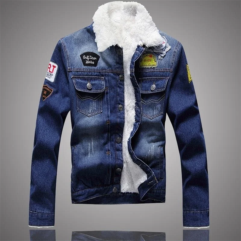 Джинсовая куртка мужская зимняя повседневная теплая меховая джинсы с подкладкой пальто мужская приталенная ковбойская мотоциклетная куртка мужская уличная одежда с принтом - Цвет: WISH153 Dark Blue