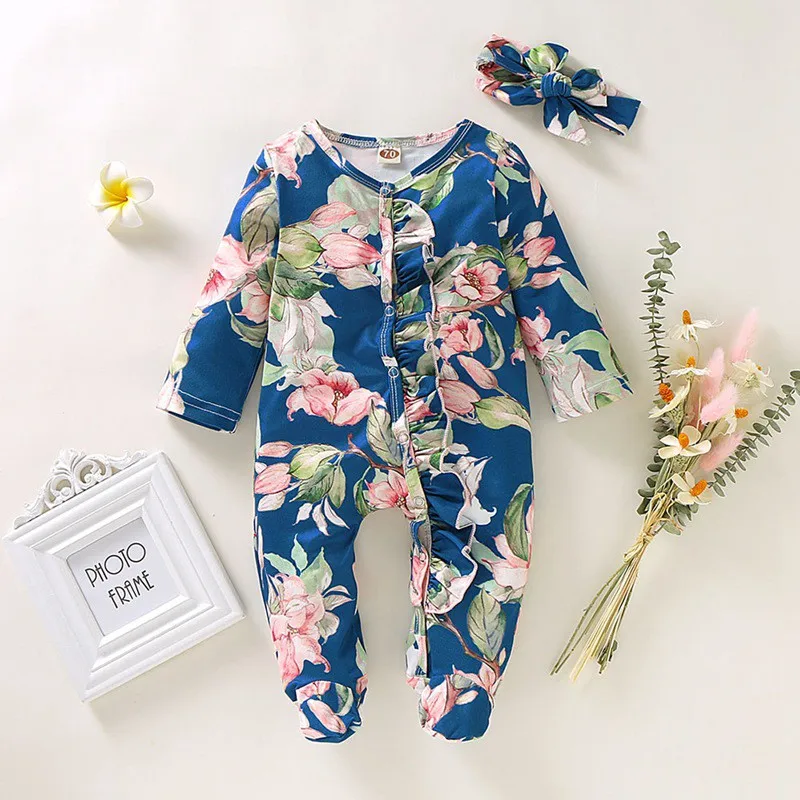 Summer Infant Girls Jumpsuit Round Collar Long Sleeve Floral Print Climb Soft Romper And Hairband Two-piece Set