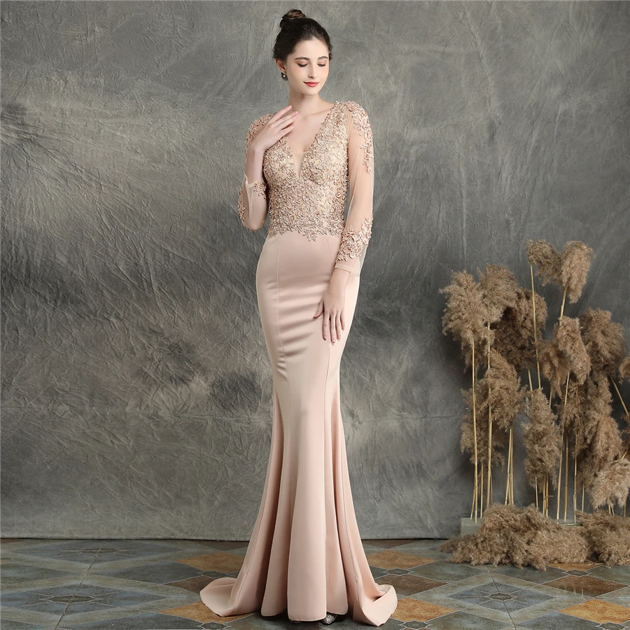 Аппликации Русалка Вечерние платья Robe De Soiree v-образным вырезом бисером женское вечернее платье DX253 размера плюс длинные рукава Формальные платья - Цвет: apricot