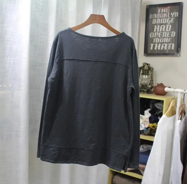 Women Cotton T shirt 2020 Spring Summer Basic O neck Button New Loose Thin Long Sleeves Solid Color Fashion Women Tops