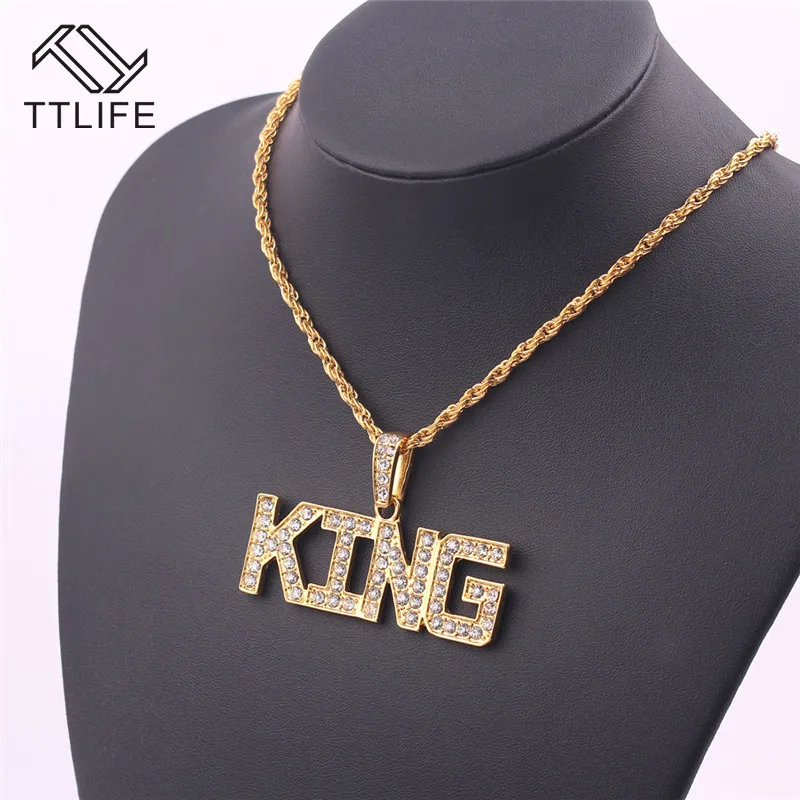 

TTLIFE Men Hip Hop Rhinestone King Pendants Necklaces Bling Pendant Iced Out Cuban Link Chain Hiphop Necklace Men Jewelry Gift