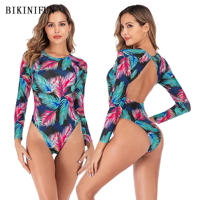 

New Sexy Colorful Leaves Rash Guards Women Swimsuit Long Sleeve Bathing Suit S-L Girl High Neck Swimwear Backless One Piece Suit