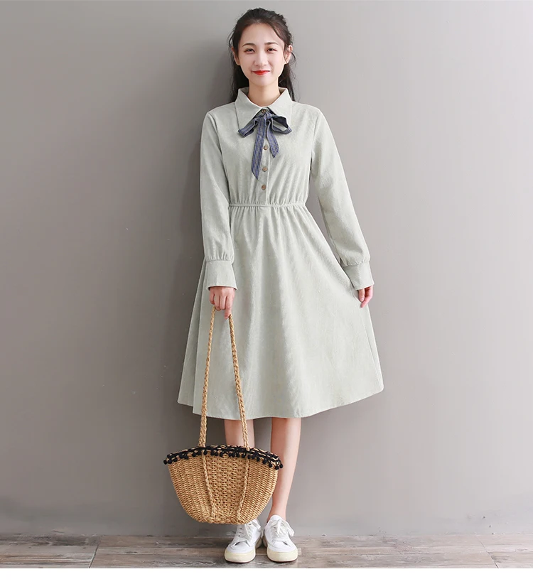 Осенне-весеннее женское элегантное платье с бантом, винтажное корейское Платье Vestidos De Festa, длинный рукав, Mori Girl, вельветовое миди платье Kawaii