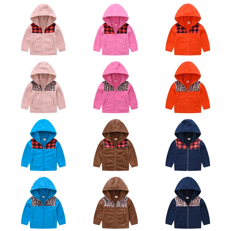 

New Style Kids' Overcoat BOY'S Girls Multi-color Polar Fleece Long Sleeve Zip Blouse with Hood Plaid Leopord Pattern Mixed Color