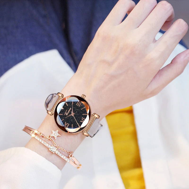 Vansvar бренд для женщин звездное небо римские часы Роскошный кожаный цветок поверхность кварцевые часы наручные для дропшиппинг