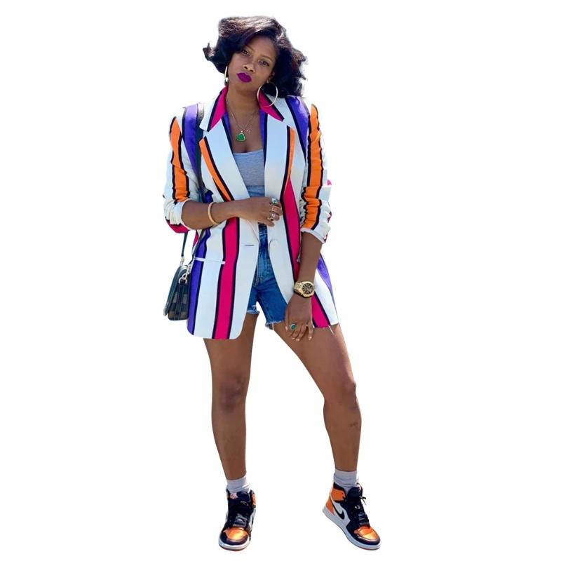 

2019 Autumn Winter Contrast Color Striped Printed Blazer For Women Sexy Casual Overcoat Plus Size Clothing Cardigan Top Fashion