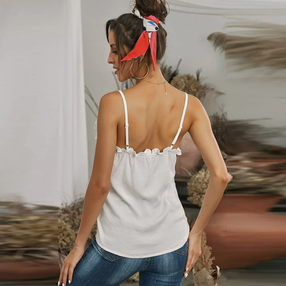 Summer V-neck Suspender Women's T-shirt 2020 New European and American Ruffle Pullover Vest Open Back Top