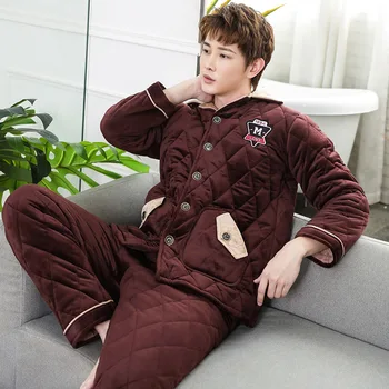 

Winter Thick Warm Pajamas Set Flannel Sleepwear Cardigan Lapel Button Pocket Homewear High Quality Nightwear Pyjamas Men 2 Pcs